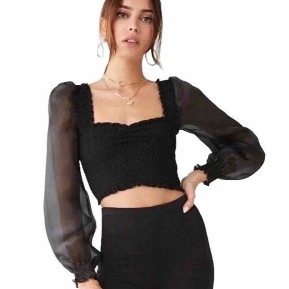 Forever 21 Black Organza Puff Sleeve Crop Top Womens S Smocked Sheer Blouse
